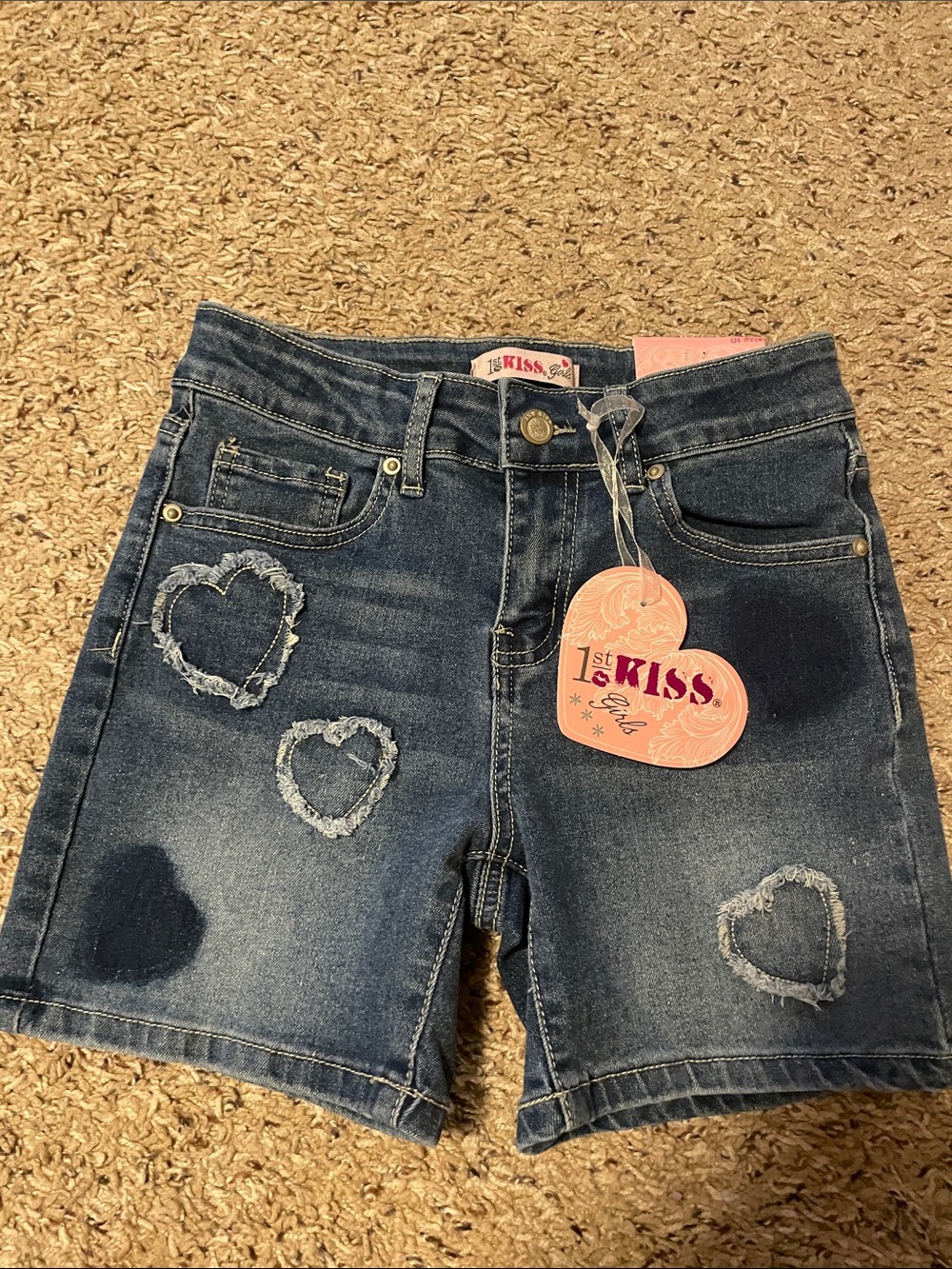 1st Kiss Dark Blue Denim Shorts with Frayed Heart Patches